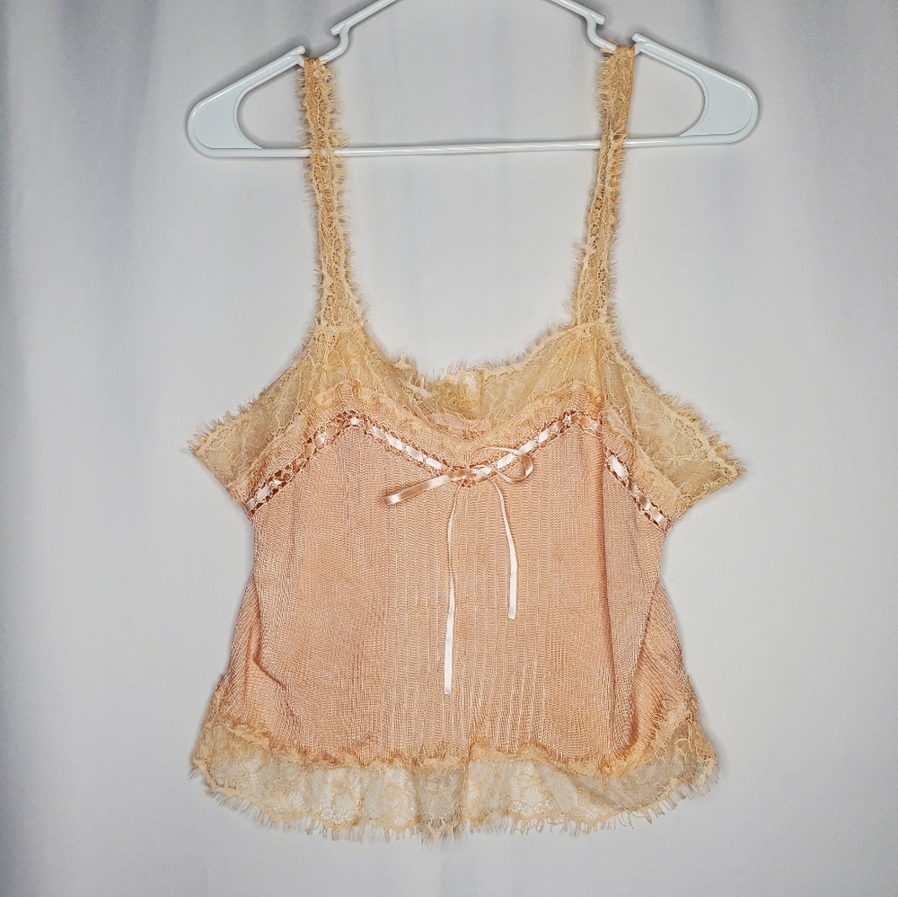 Victoria's Secret Rib Knit Eyelash‎ Lace Tank Top Large Shiny Peach Coquette 00s